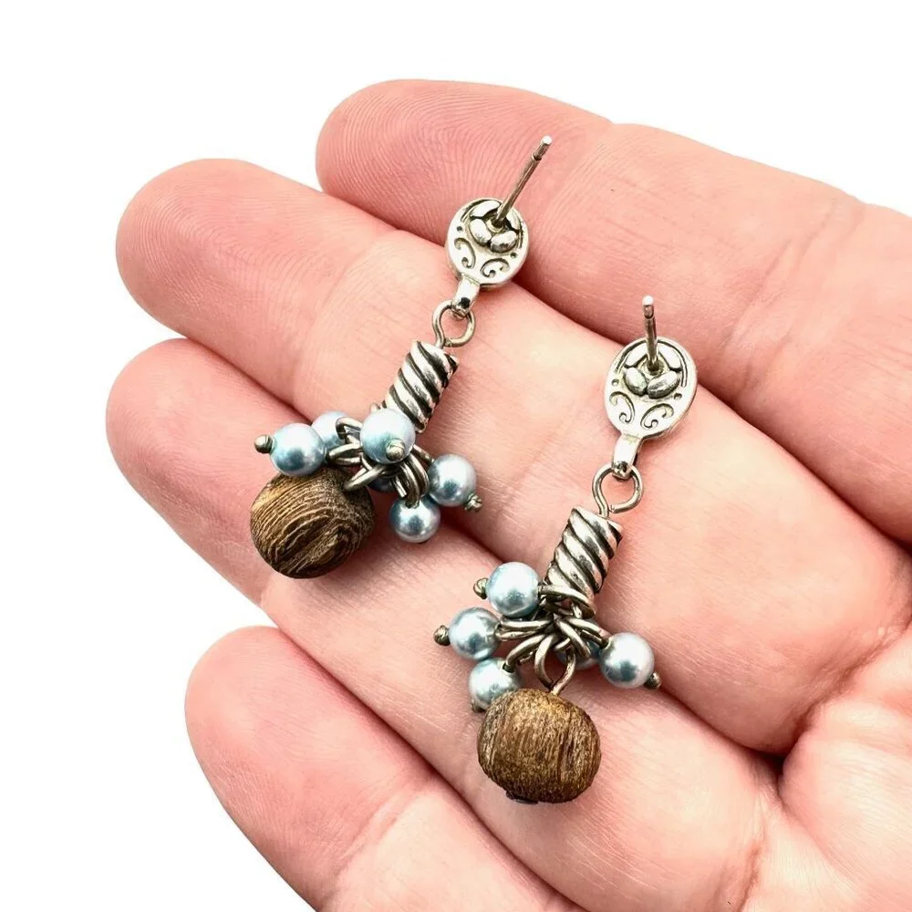 Brighton Womens Earrings Crystal Pearl Wood Chandelier Silver Pierced Earrings - Picture 6 of 6